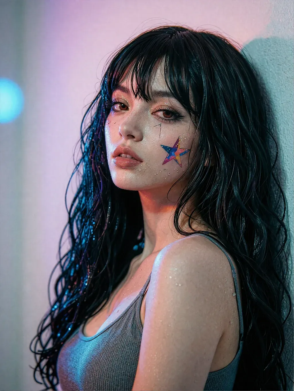 Fictional AI character photographed against a dark window at night